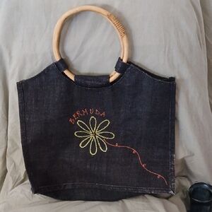Vintage Embroidered Denim Tote with Wooden Handles